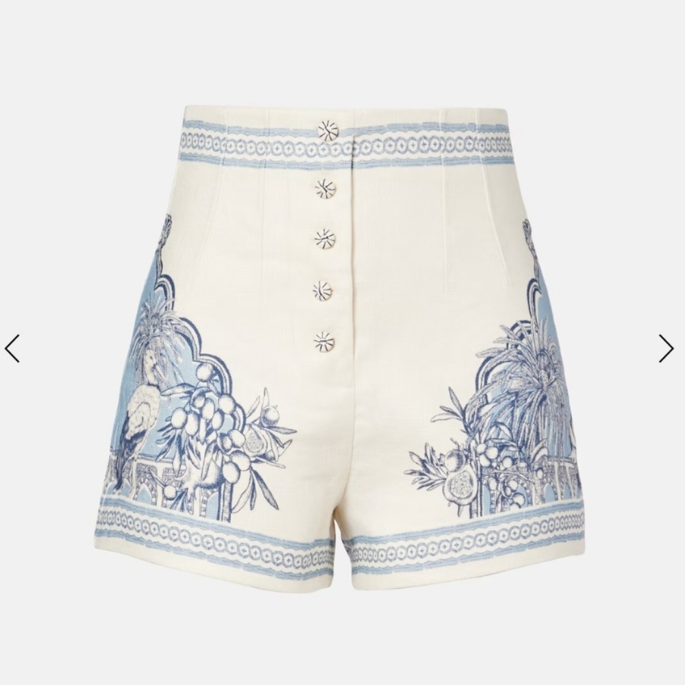 Alemais Cream High-Waist Printed Bermuda Shorts with Blue Toile Motif - Picture 2 of 7